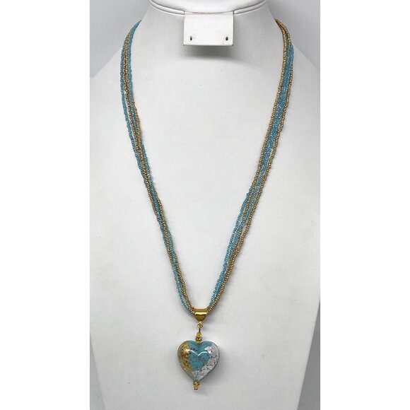 Venetian Glass Heart Pendant Necklace Gold Blue Clear Beaded 24”  Lobster Clasp - Picture 1 of 7
